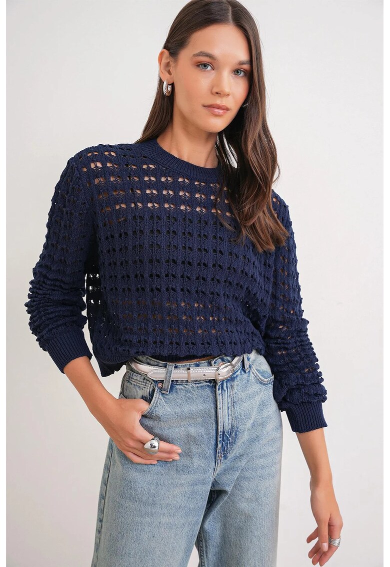 Pulover scurt - texturat - bleumarin - poliester - One Size