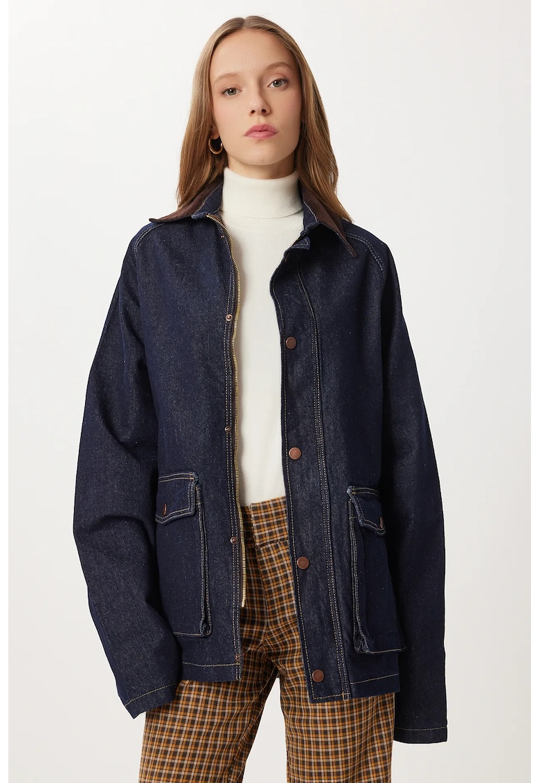 Geaca din denim - Happiness Istanbul - cu fermoar - textil/bumbac - bleumarin
