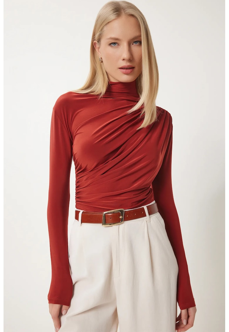 Bluza dama - Happiness Istanbul - guler inalt - mulata - caramiziu - jerseu