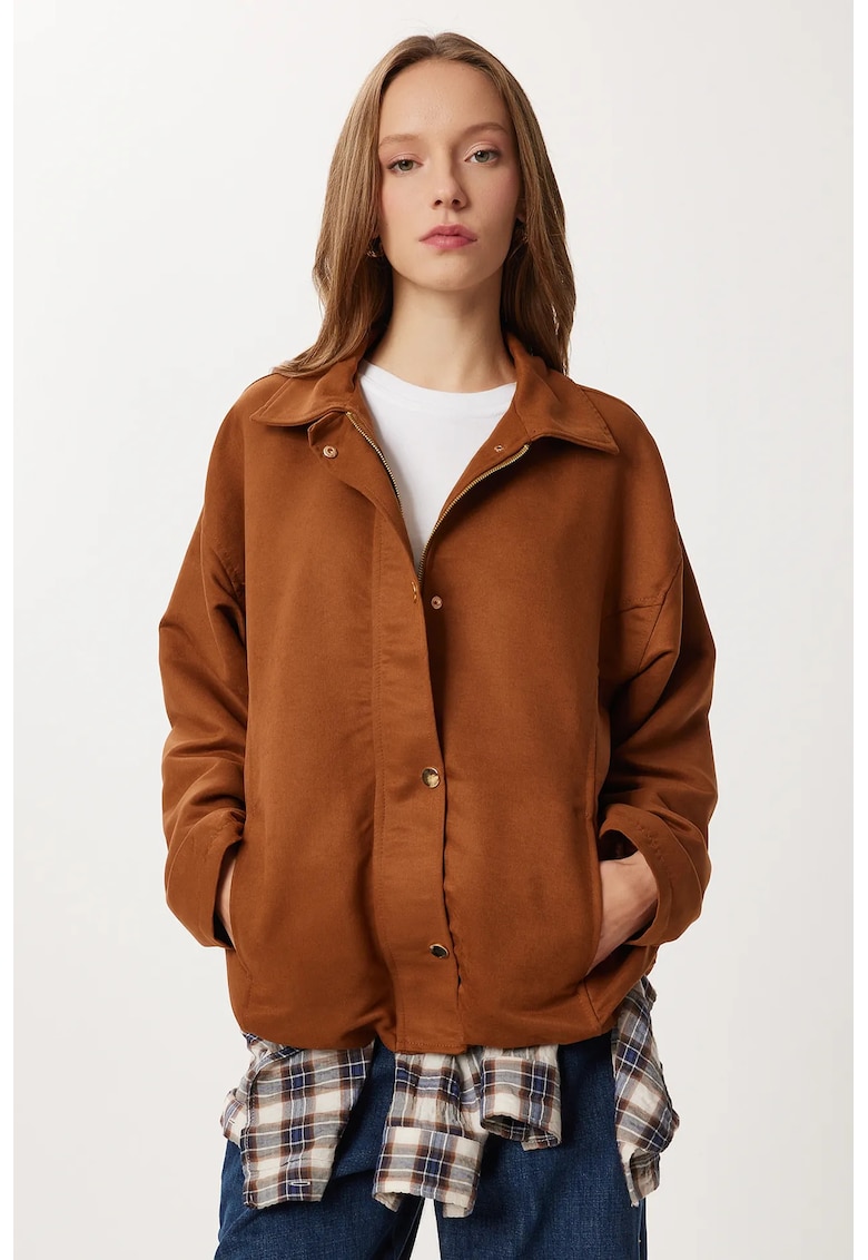 Geaca supradimensionata - Happiness Istanbul - cu fermoar - textil - maro