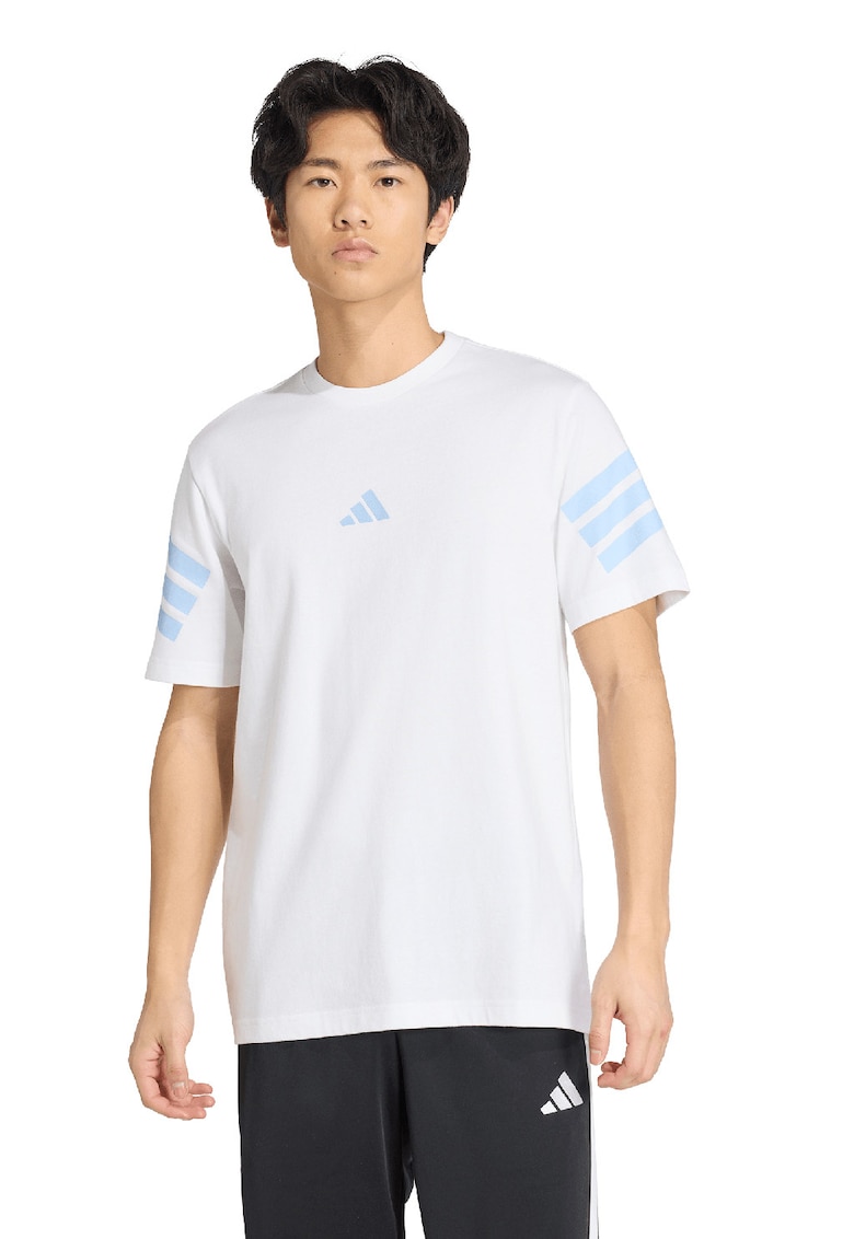 Tricou de bumbac cu decolteu la baza gatului si logo - Alb/Albastru deschis