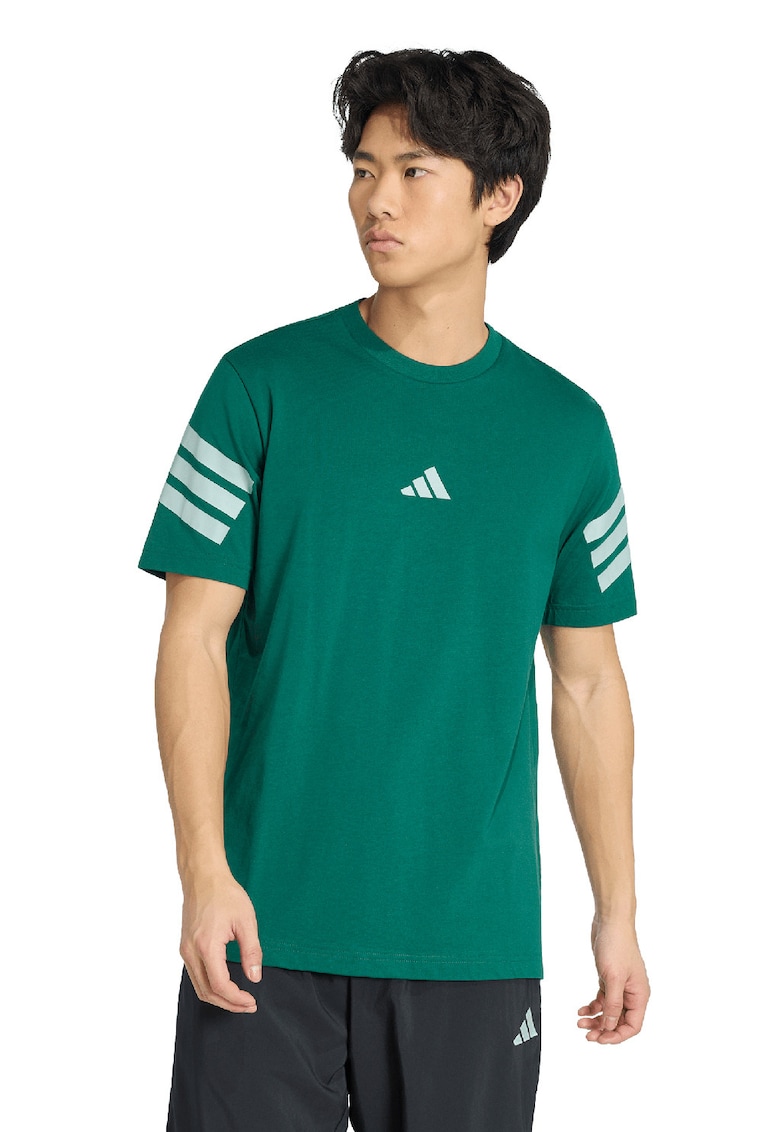 Tricou de bumbac cu decolteu la baza gatului si logo - Alb/Verde inchis