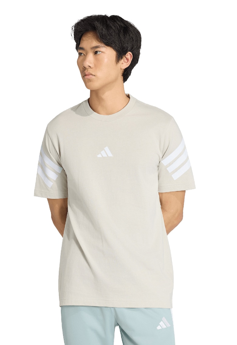 Tricou de bumbac cu decolteu la baza gatului si logo - Alb/Maro nisip