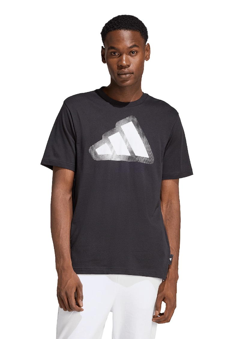 Tricou cu decolteu la baza gatului si imprimeu logo - Alb/Negru