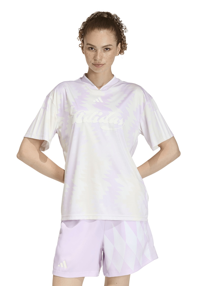 Tricou cu model si decolteu in V - Alb fildes/Lila