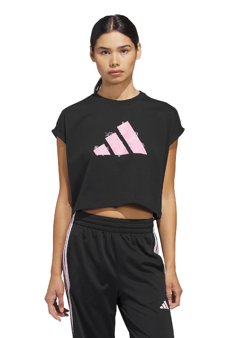 Tricou crop cu maneci pliabile Western - Negru/Roz