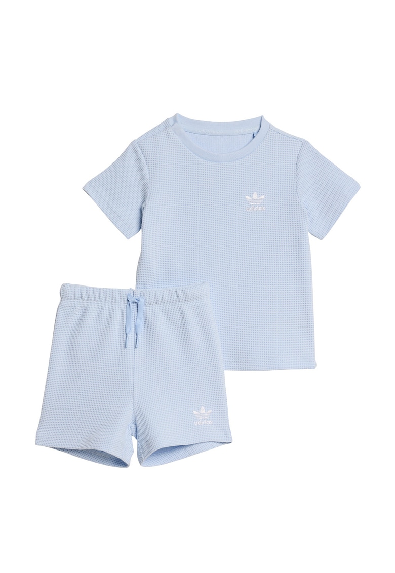 Set de tricou texturat si pantaloni scurti cu snur - Albastru prafuit