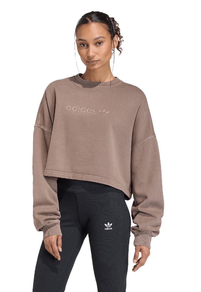 Bluza de trening crop cu croiala lejera si logo - Maro pamantiu