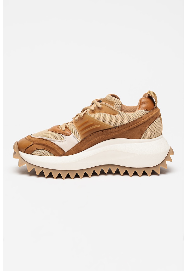 Pantofi sport din piele si material textil - Bej/Maro camel