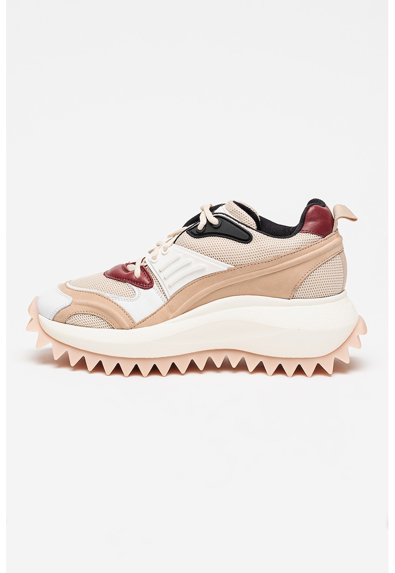 Pantofi sport din piele si material textil - Alb/Visiniu/Maro nisip