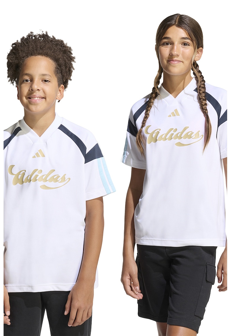 Tricou cu decolteu in V si logo - Alb - Galben murdar - Albastru glaciar -
