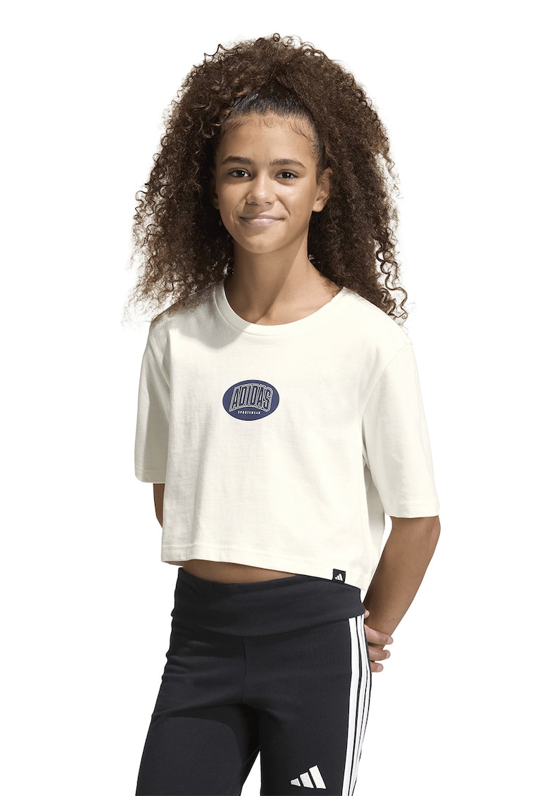 Tricou crop cu logo - Alb fildes/Albastru indigo