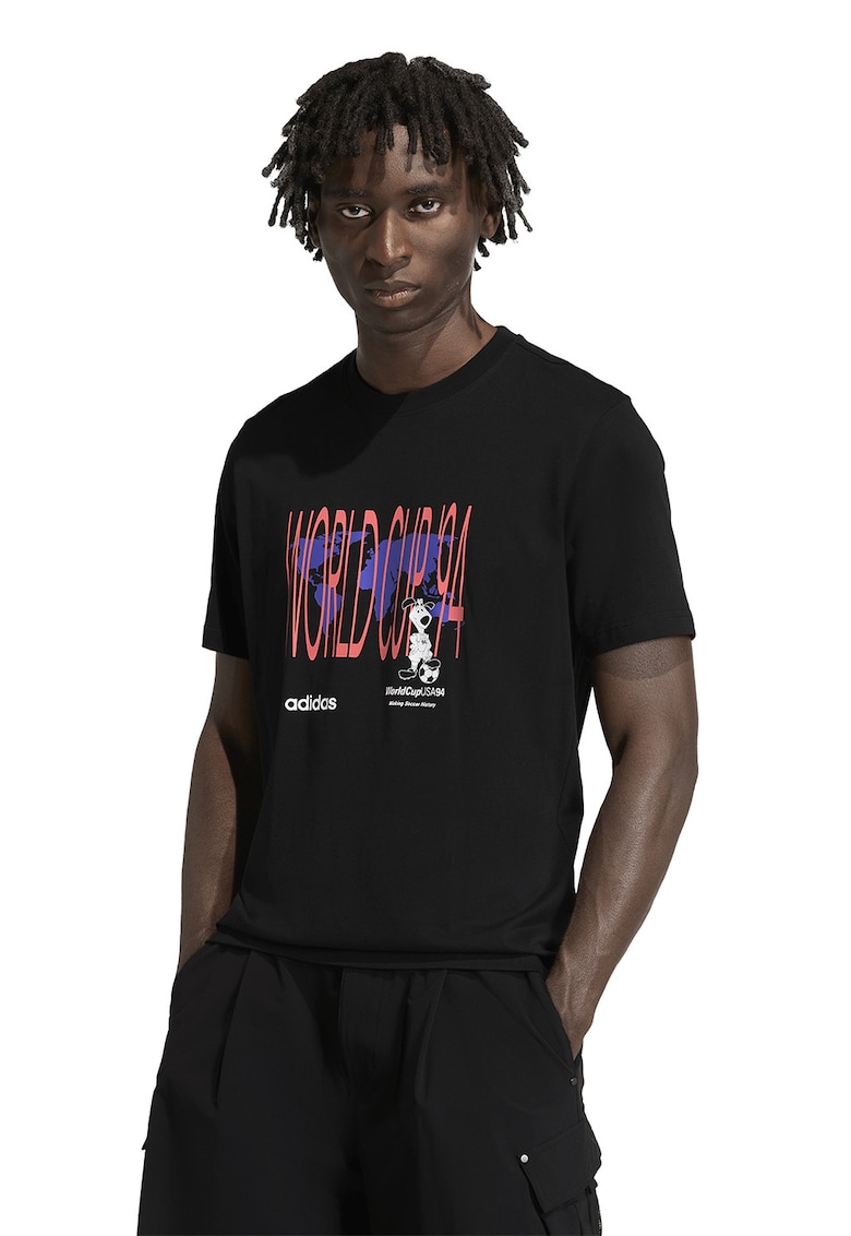 Tricou cu imprimeu si decolteu la baza gatului - Negru/Coral/Ametist