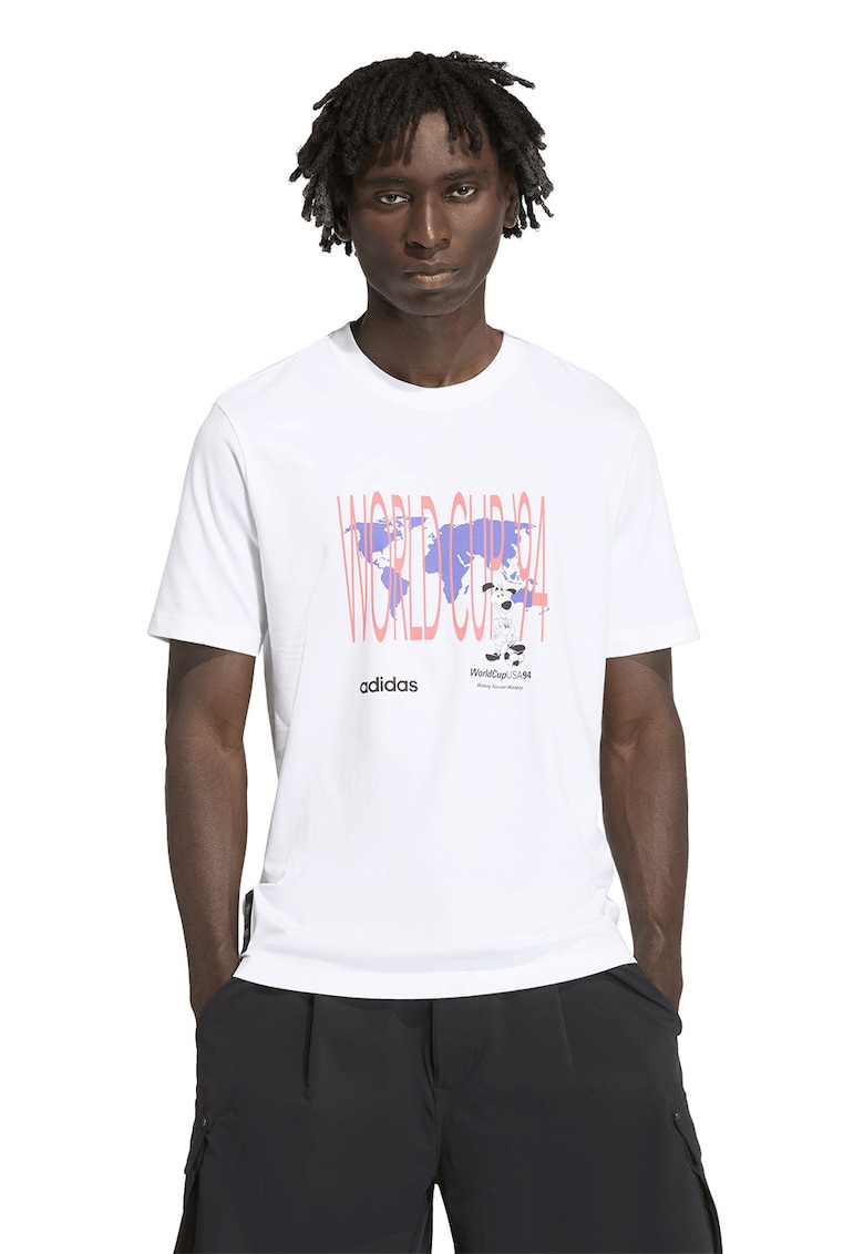 Tricou cu imprimeu si decolteu la baza gatului - Alb/Coral/Ametist