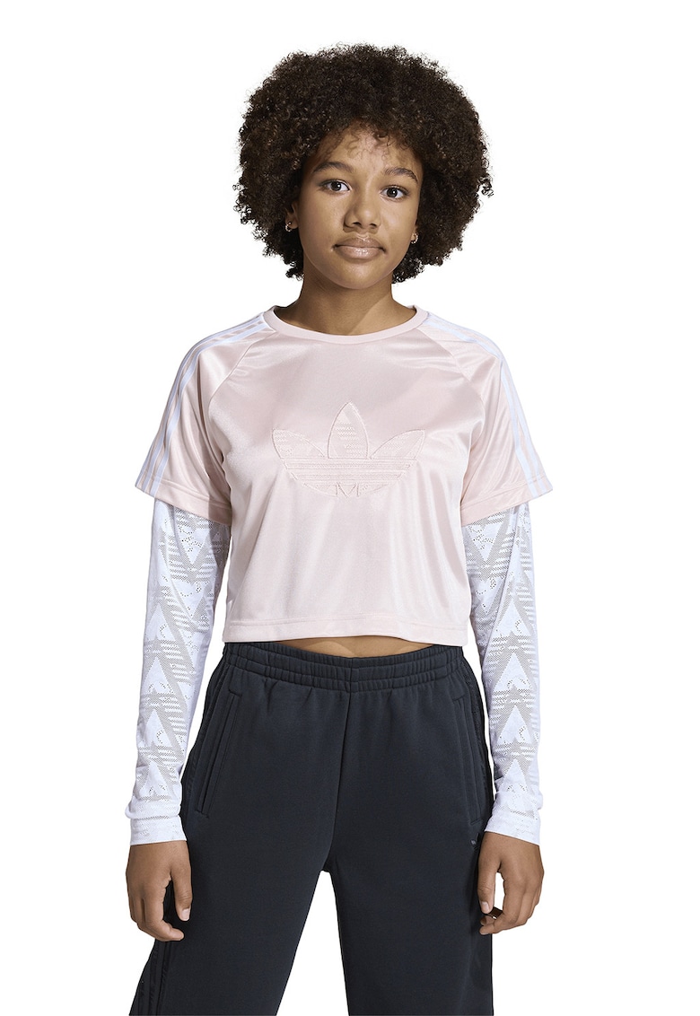 Bluza crop cu decolteu la baza gatului - Alb/Roz deschis