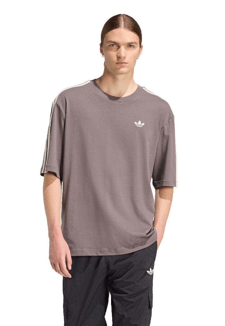 Tricou cu logo discret 3 Stripes - Alb/Maro inchis