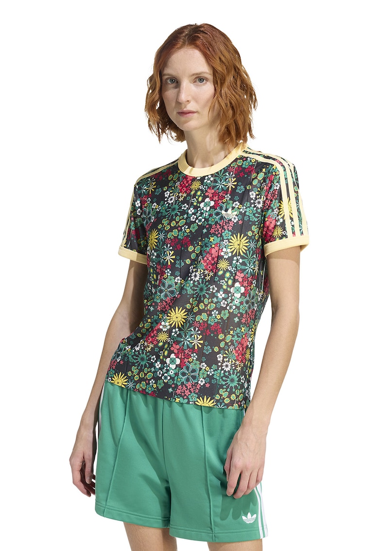 Tricou cu model floral si benzi contrastante - Rosu/Verde/Galben