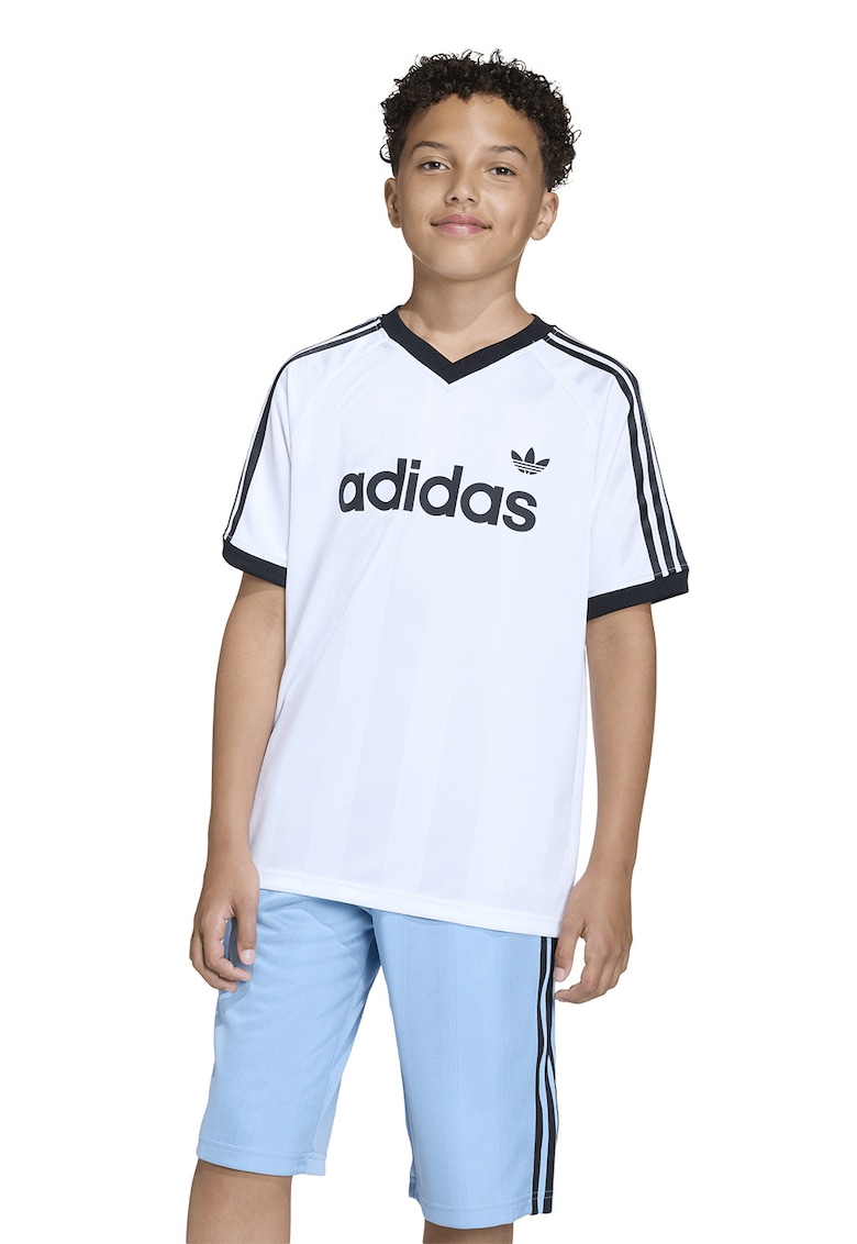Tricou cu imprimeu logo si decolteu in V - Alb/Gri carbune