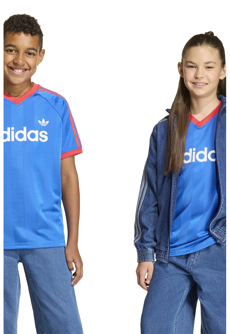 Tricou cu imprimeu logo si decolteu in V - Alb/Coral/Albastru