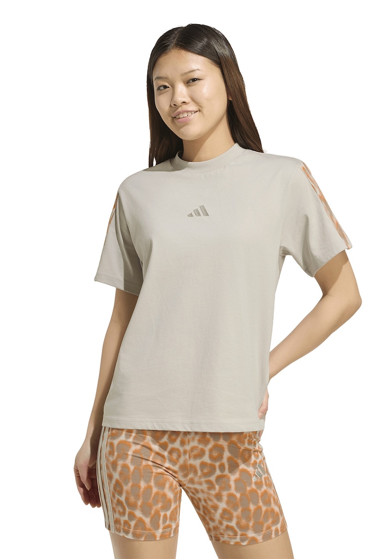 Tricou cu decolteu la baza gatului si detaliu logo - Portocaliu mandarina/Grej