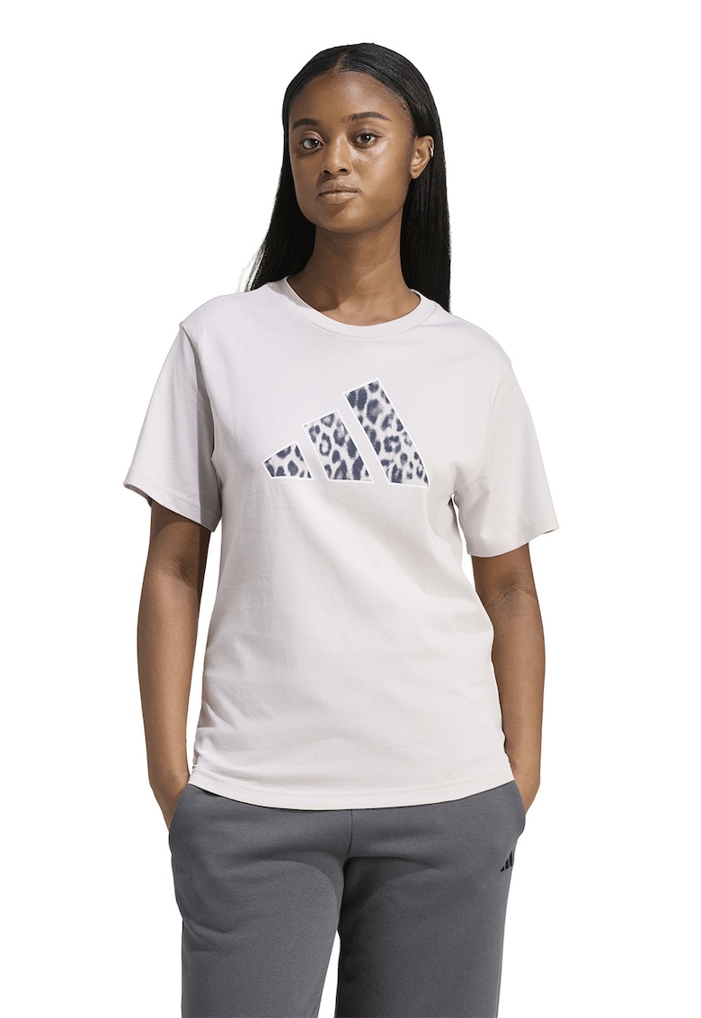 Tricou cu decolteu la baza gatului si logo - Bej/Gri carbune
