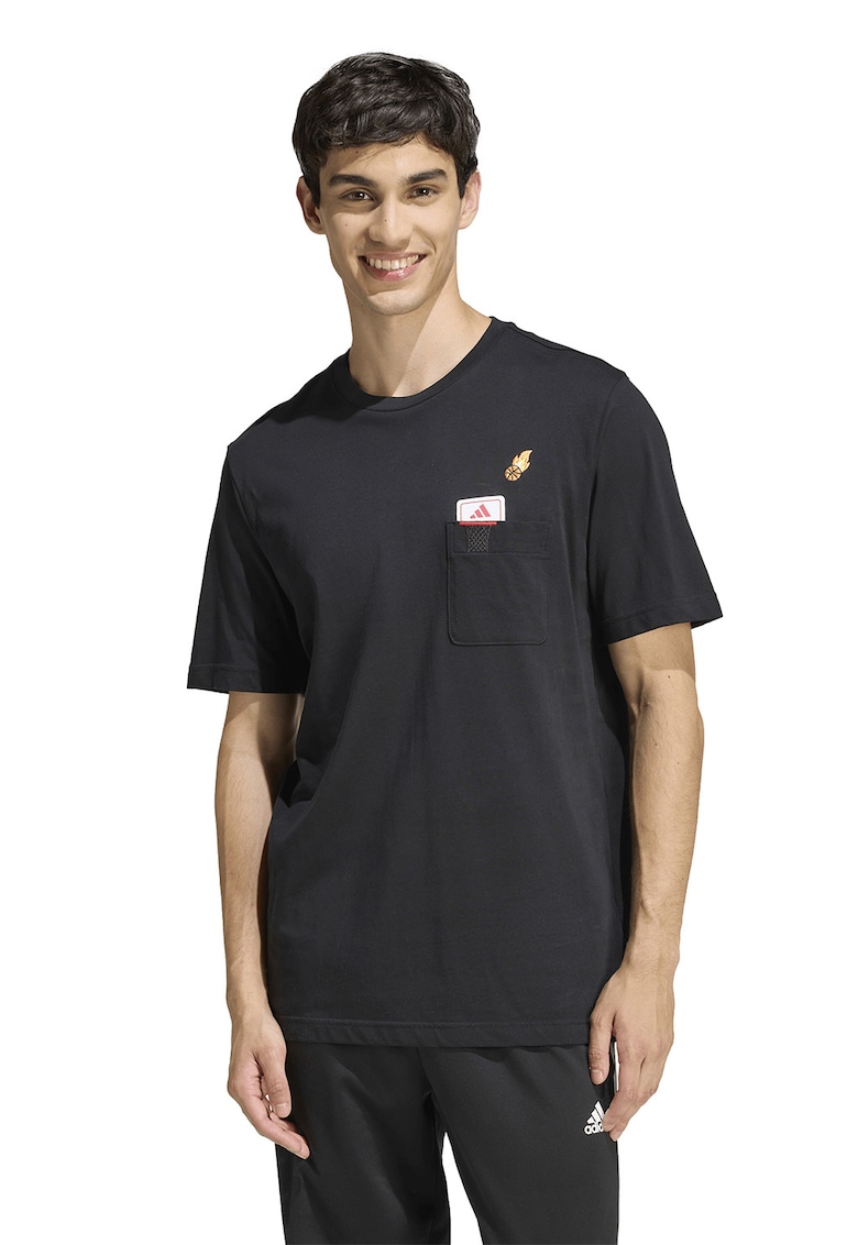 Tricou de bumbac cu buzunar pe piept - Negru/Portocaliu mandarina