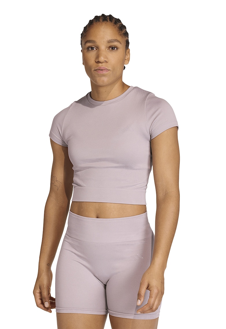 Tricou crop tricotat pentru fitness Workout Essentials - Lila pal