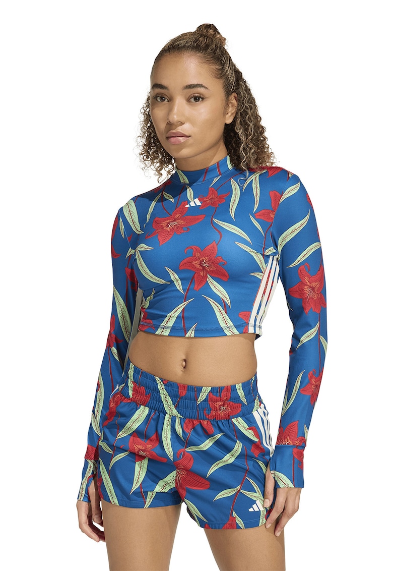 Bluza crop cu model floral si guler scurt pentru fitness - Coral/Verde pal/Albastru royal