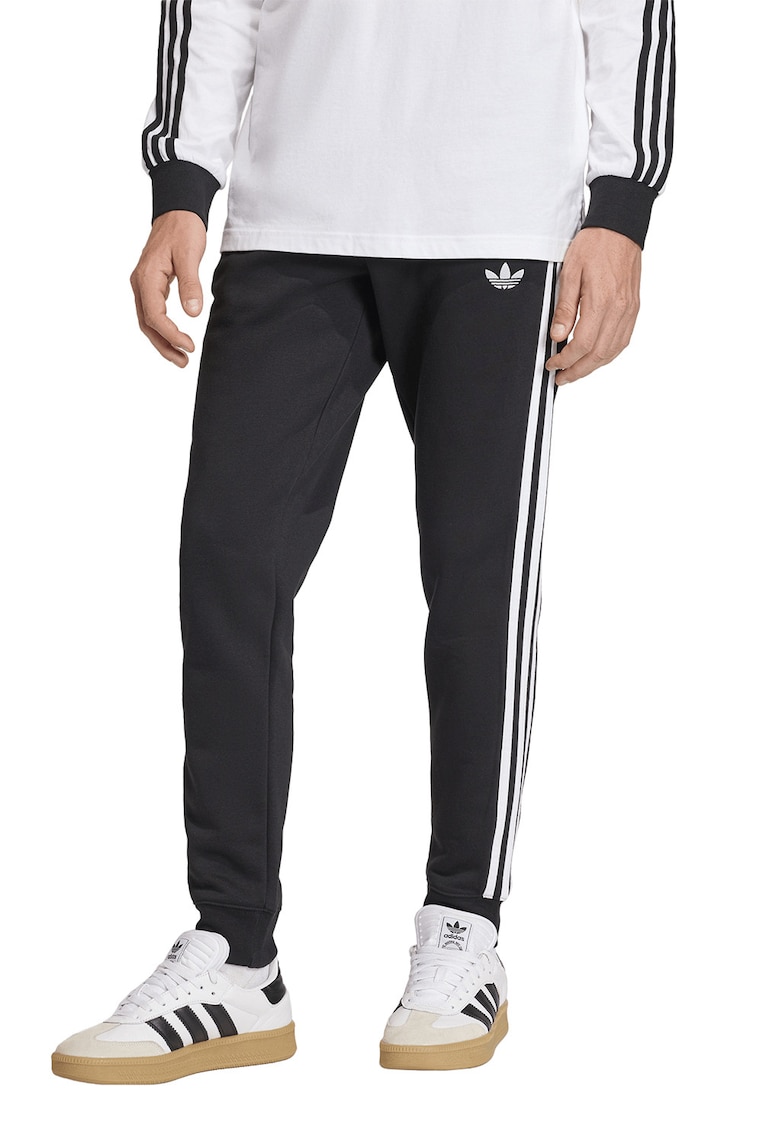 Pantaloni sport conici cu 3 dungi si buzunare laterale - Alb/Negru