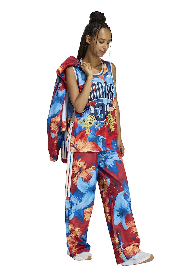 Pantaloni de trening ampli cu model floral - Alb/Rosu inchis/Albastru