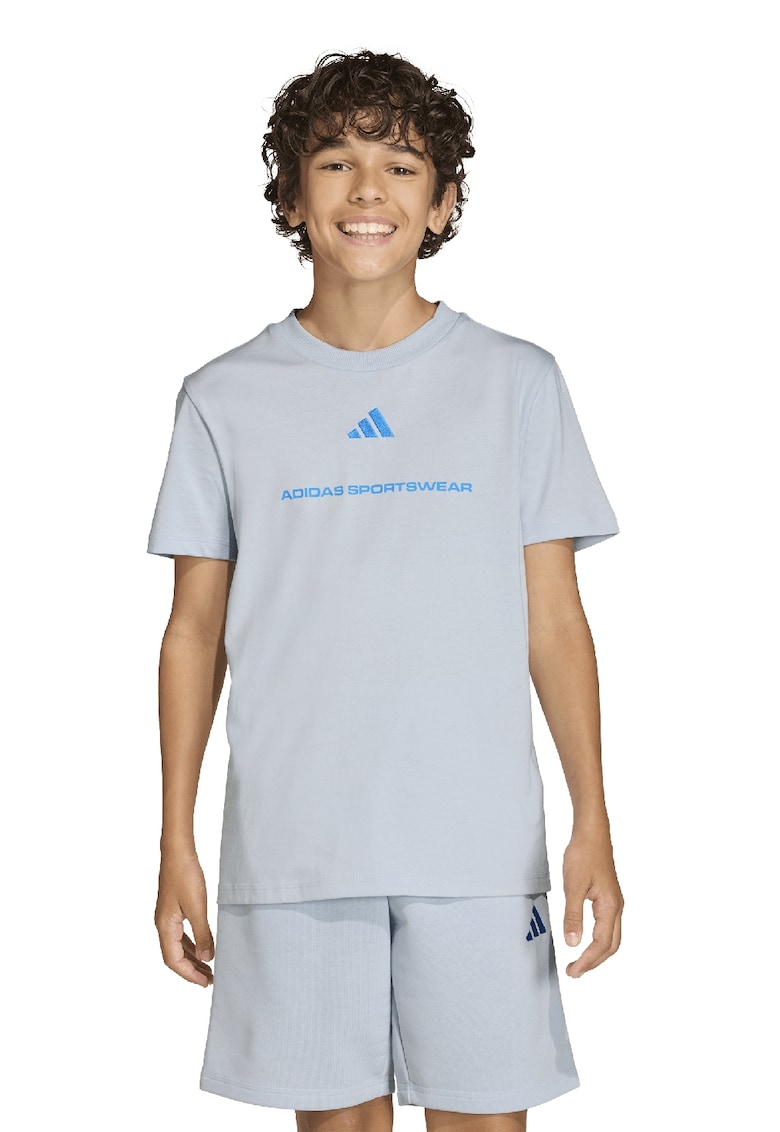 Tricou din bumbac cu decolteu la baza gatului - Gri deschis/Albastru deschis