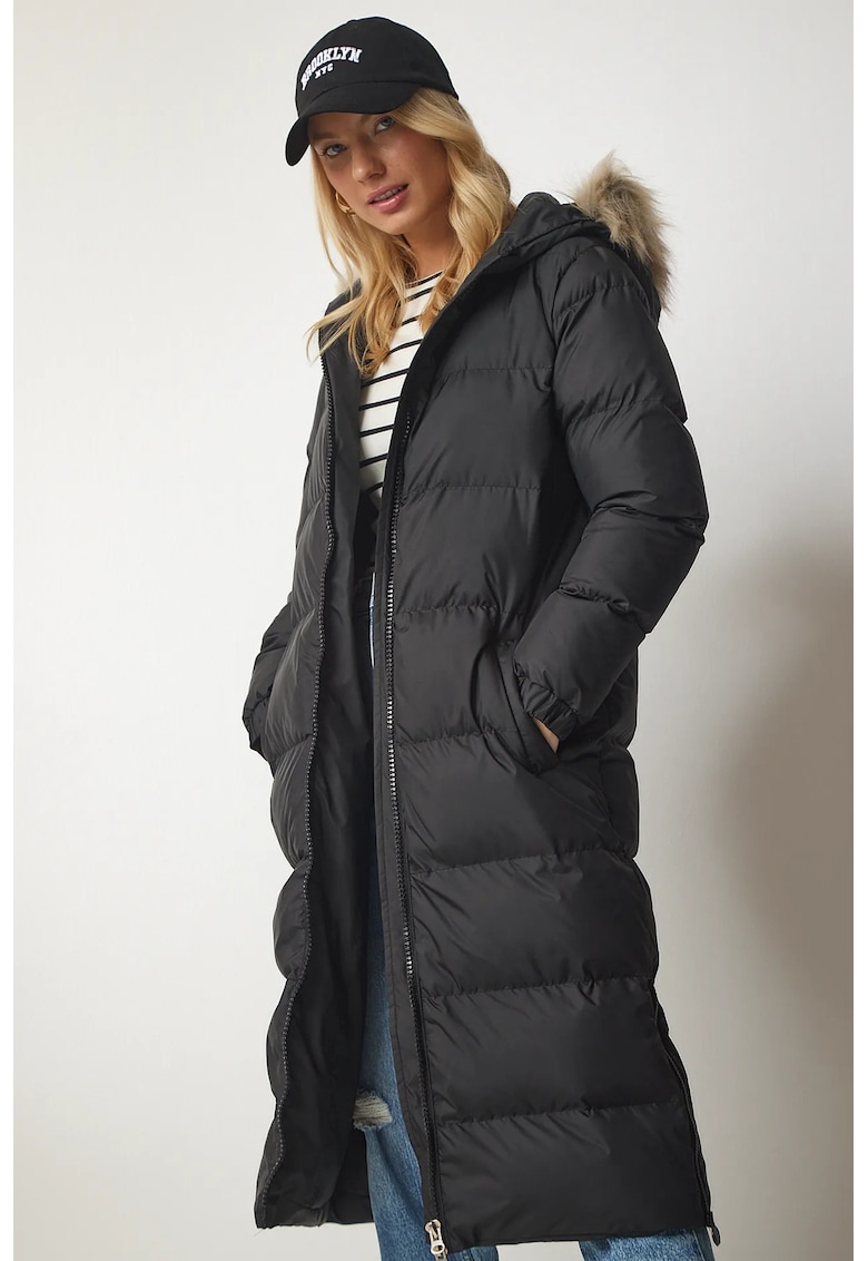 Geaca dama - Happiness Istanbul - lung - oversized - gluga - poliester - negru