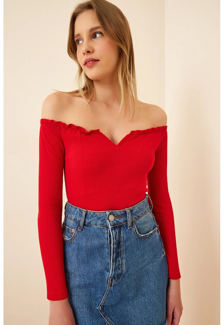 Bluza dama - Happiness Istanbul - texturata - cu volane - rosu - jerseu