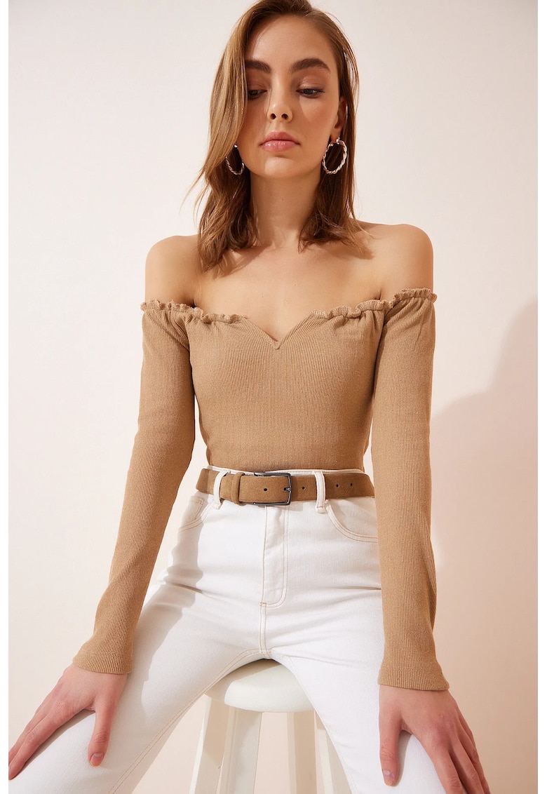 Bluza dama - Happiness Istanbul - volane texturate - bej - jerseu