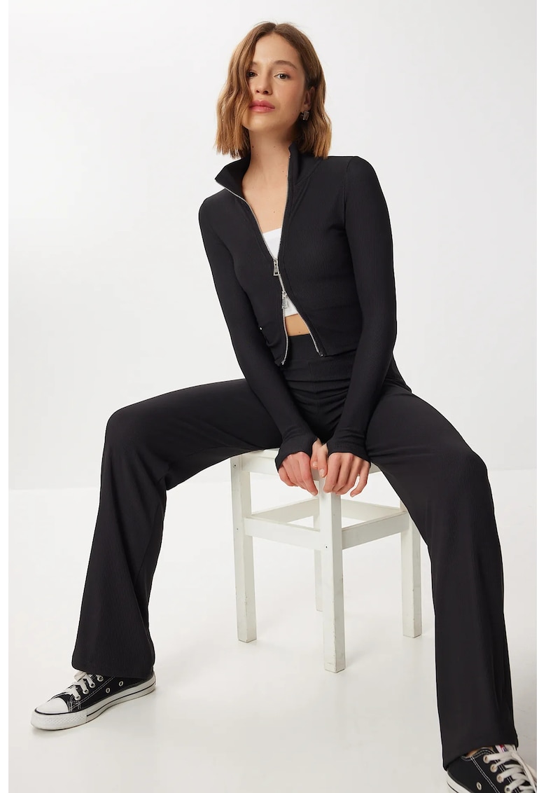 Set tricotat din doua piese - Happiness Istanbul - guler cu fermoar - elastic - negru - tricot