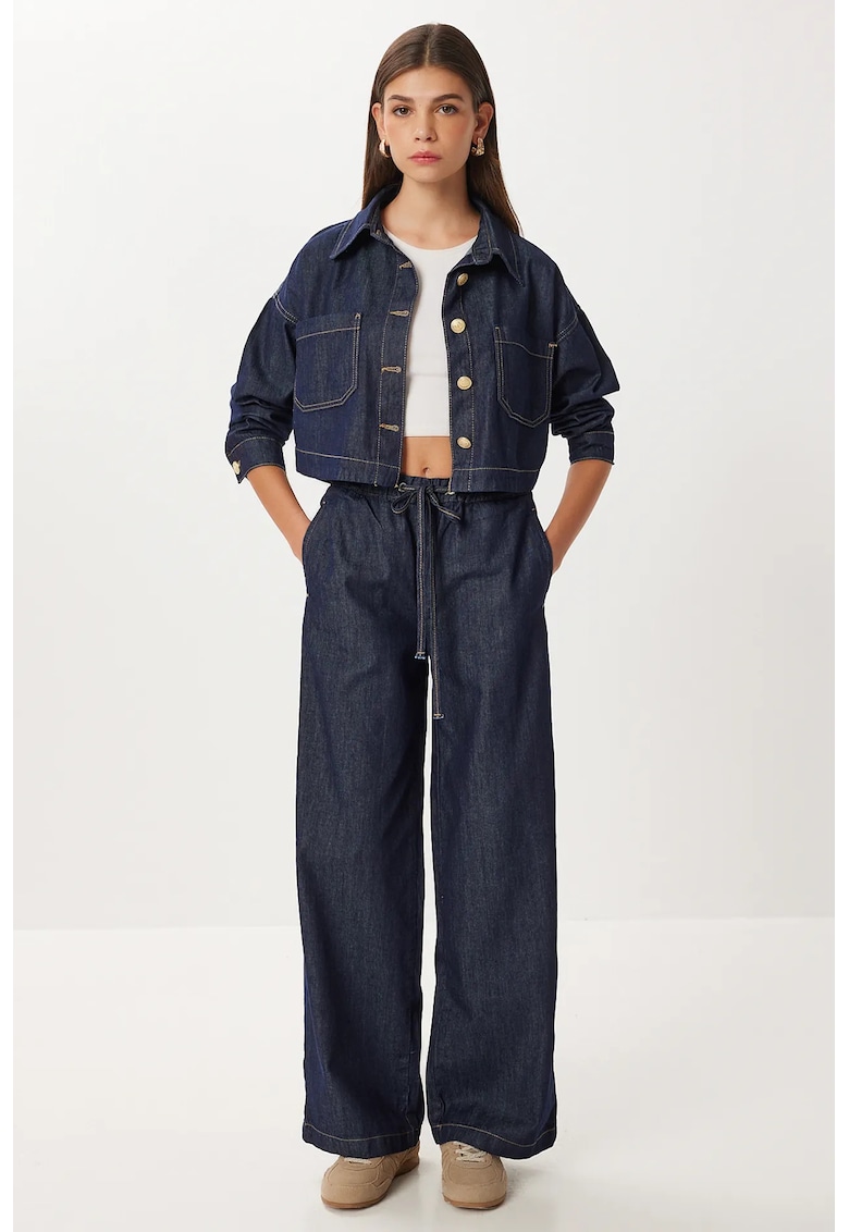 Set din doua piese - Happiness Istanbul - denim - talie inalta - guler tip jacheta - albastru marin