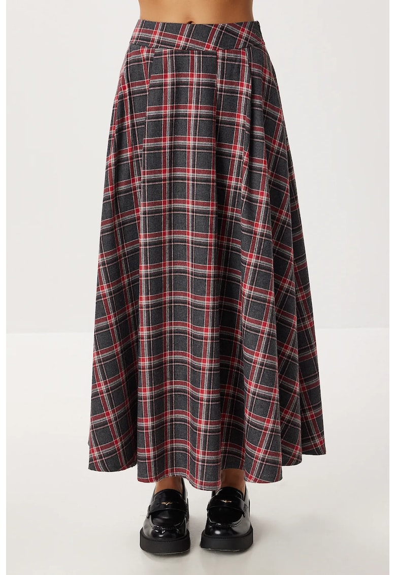 Fusta Midi Plisata - Happiness Istanbul - Talie Inalta - Gri/rosu - Textil