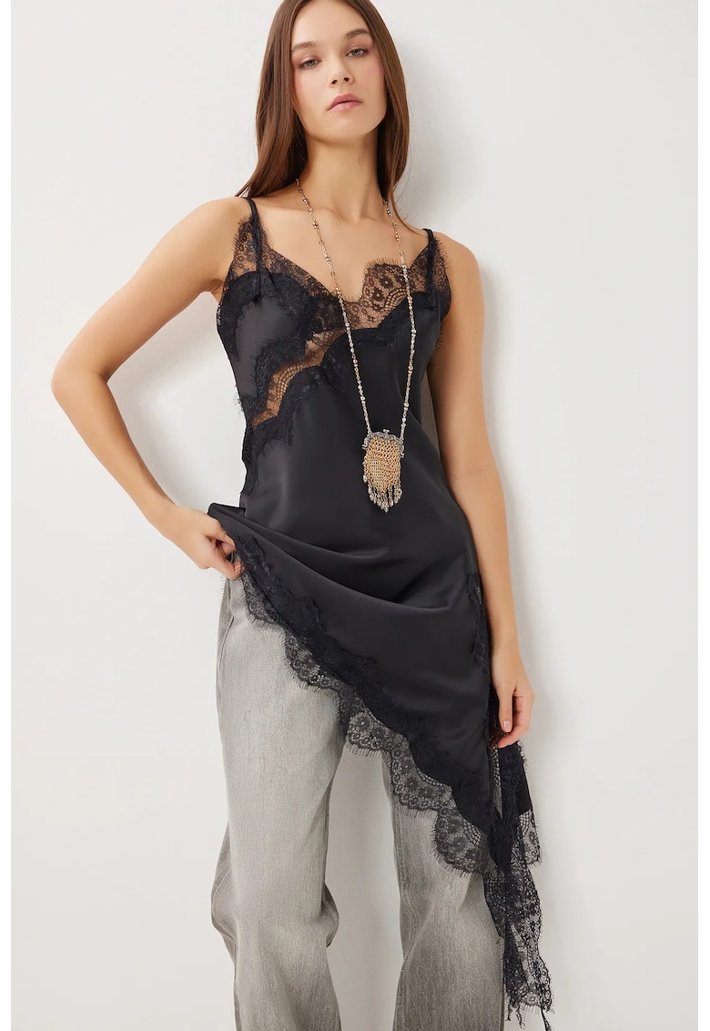 Rochie midi asimetrica Happiness Istanbul - decolteu in V - negru - textil