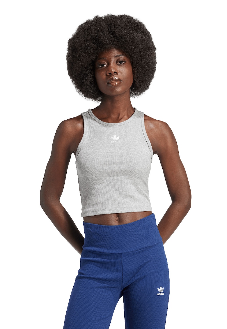 Top crop striat cu decolteu racerback Essentials - Gri melange