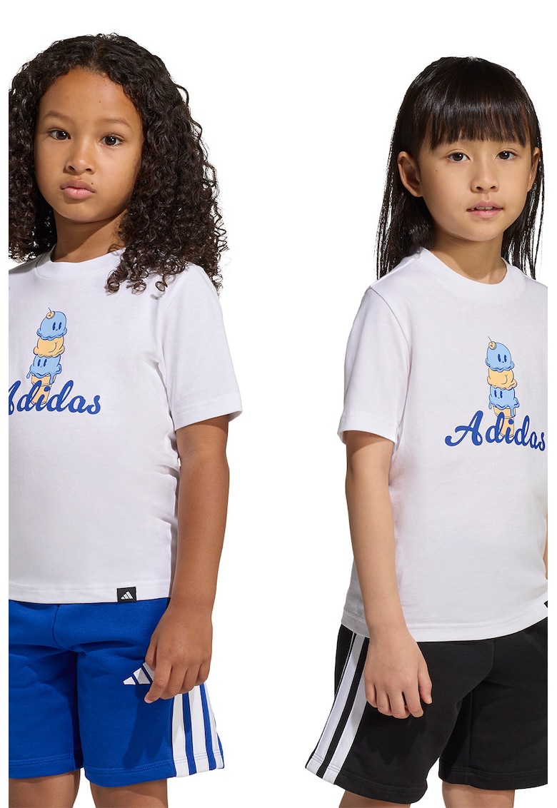 Tricou cu decolteu la baza gatului si imprimeu logo - Alb/Albastru