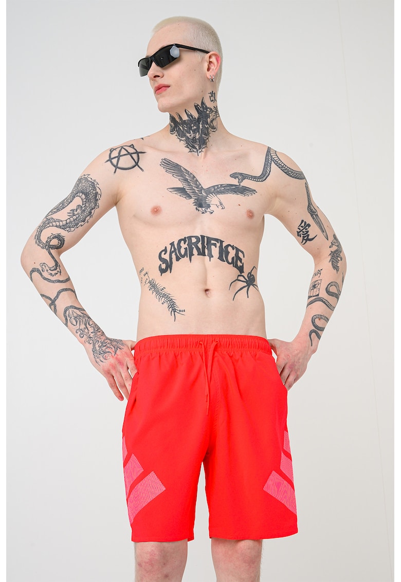 Pantaloni scurti de baie cu buzunare laterale si imprimeu logo - Rosu