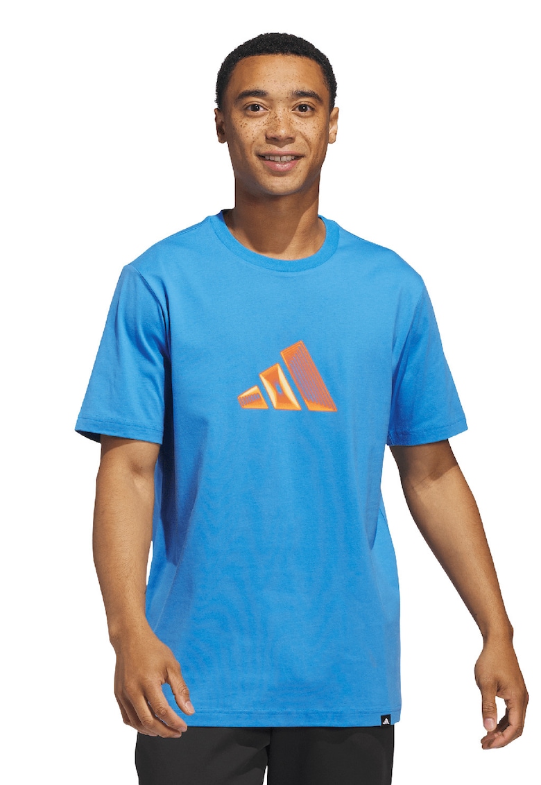 Tricou cu decolteu la baza gatului si imprimeu logo pe partea din fata - Portocaliu/Albastru deschis