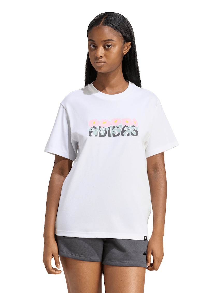 Tricou cu imprimeu logo si decolteu la baza gatului - Alb