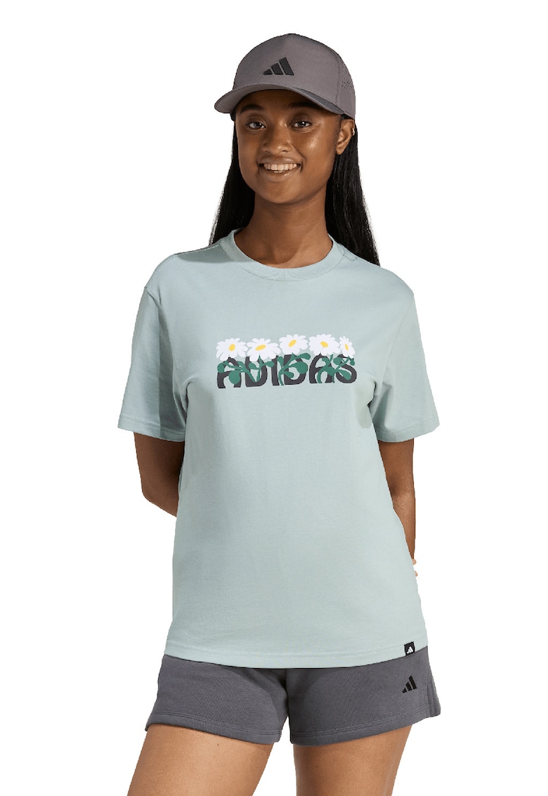 Tricou cu imprimeu logo si decolteu la baza gatului - Verde deschis