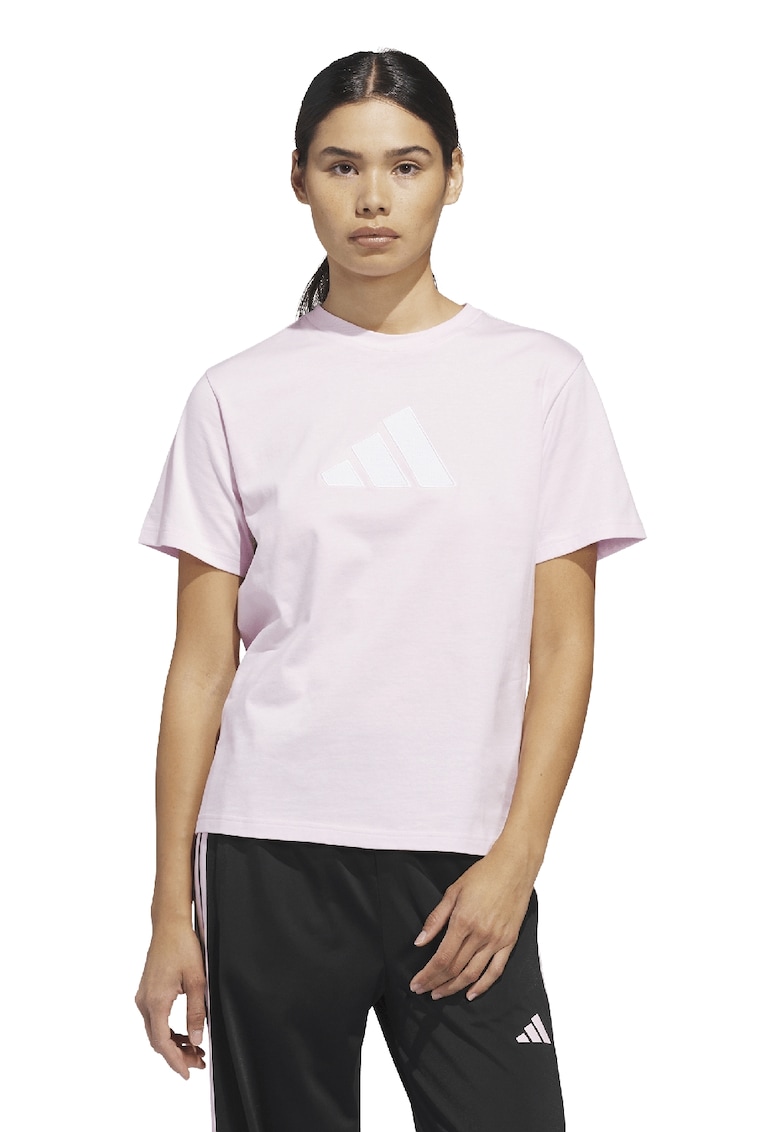 Tricou din bumbac cu decolteu la baza gatului si imprimeu logo Gingham - Alb/Roz pastel