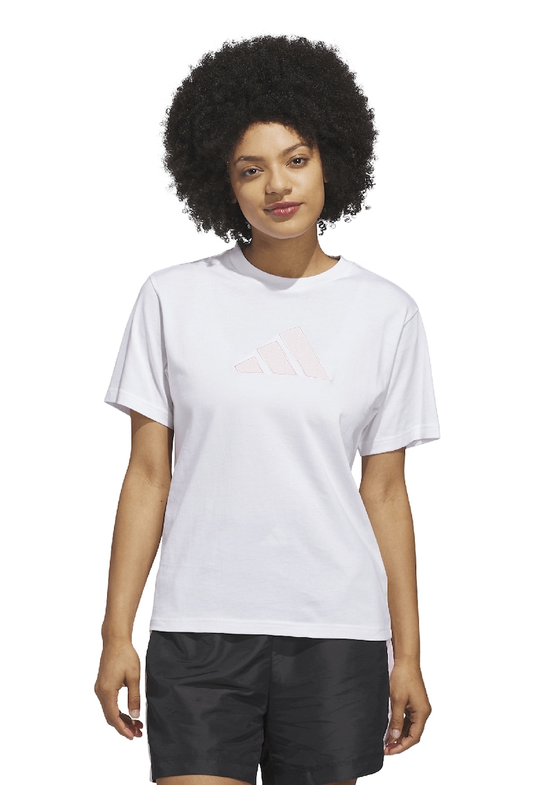 Tricou din bumbac cu decolteu la baza gatului si imprimeu logo Gingham - Alb/Roz pal