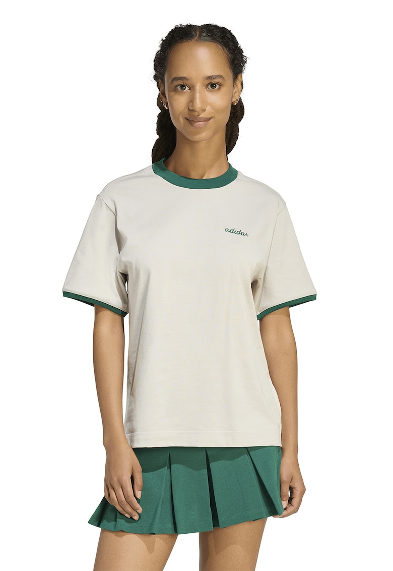 Tricou cu detalii contrastante si logo brodat - Verde aquamarin/Bej deschis