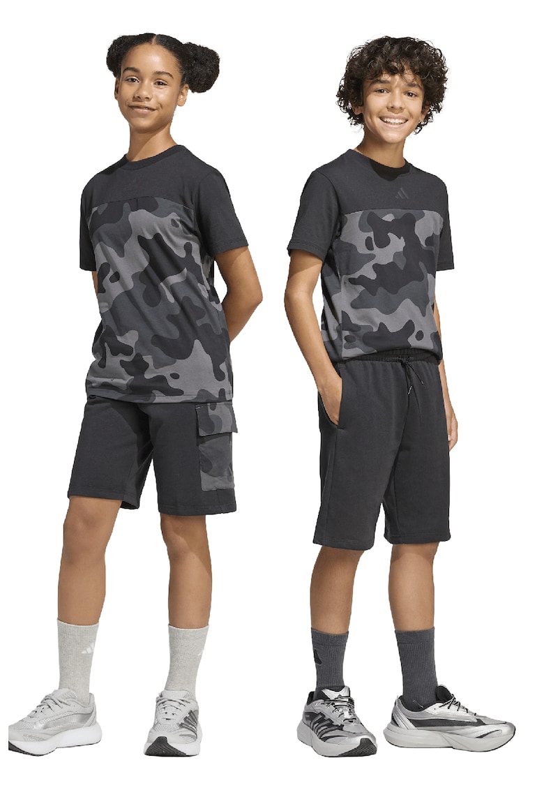 Pantaloni scurti din amestec de bumbac cu snur si detaliu camuflaj - Negru/Gri inchis