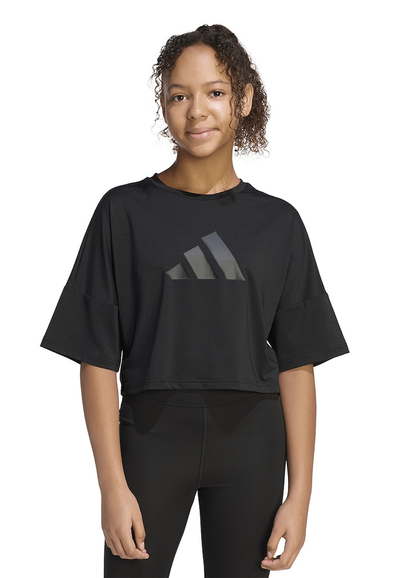Tricou crop cu imprimeu logo si maneci cazute - Negru