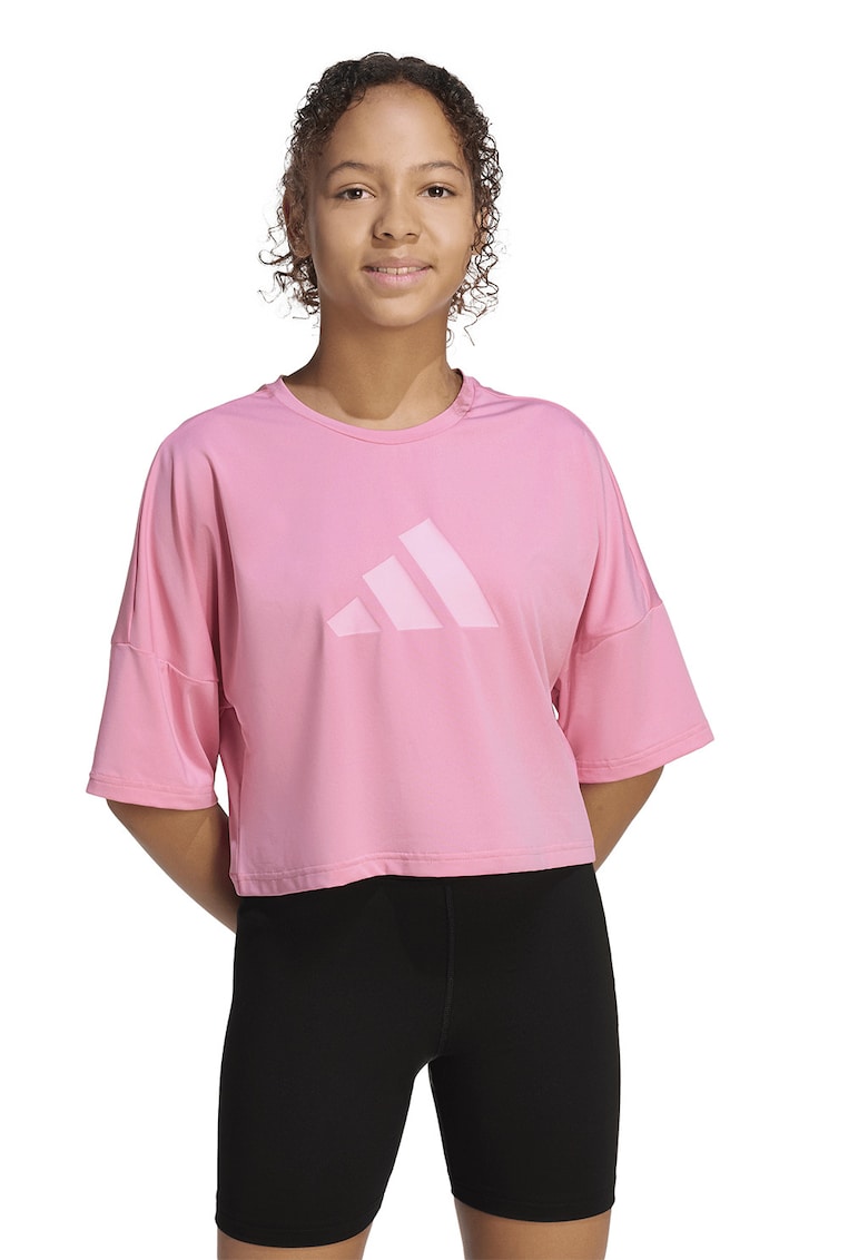 Tricou crop cu imprimeu logo si maneci cazute - Roz deschis